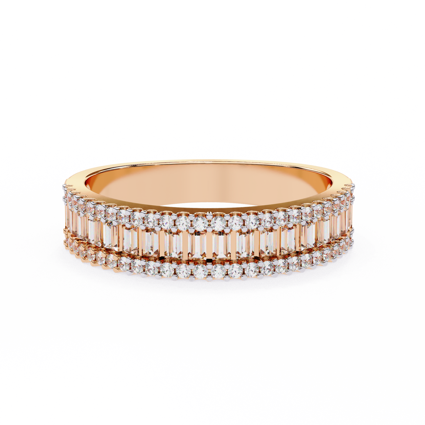 Triple Radiance: Lab-Grown Baguette and Round Diamond Ring in Glowing Rose Gold