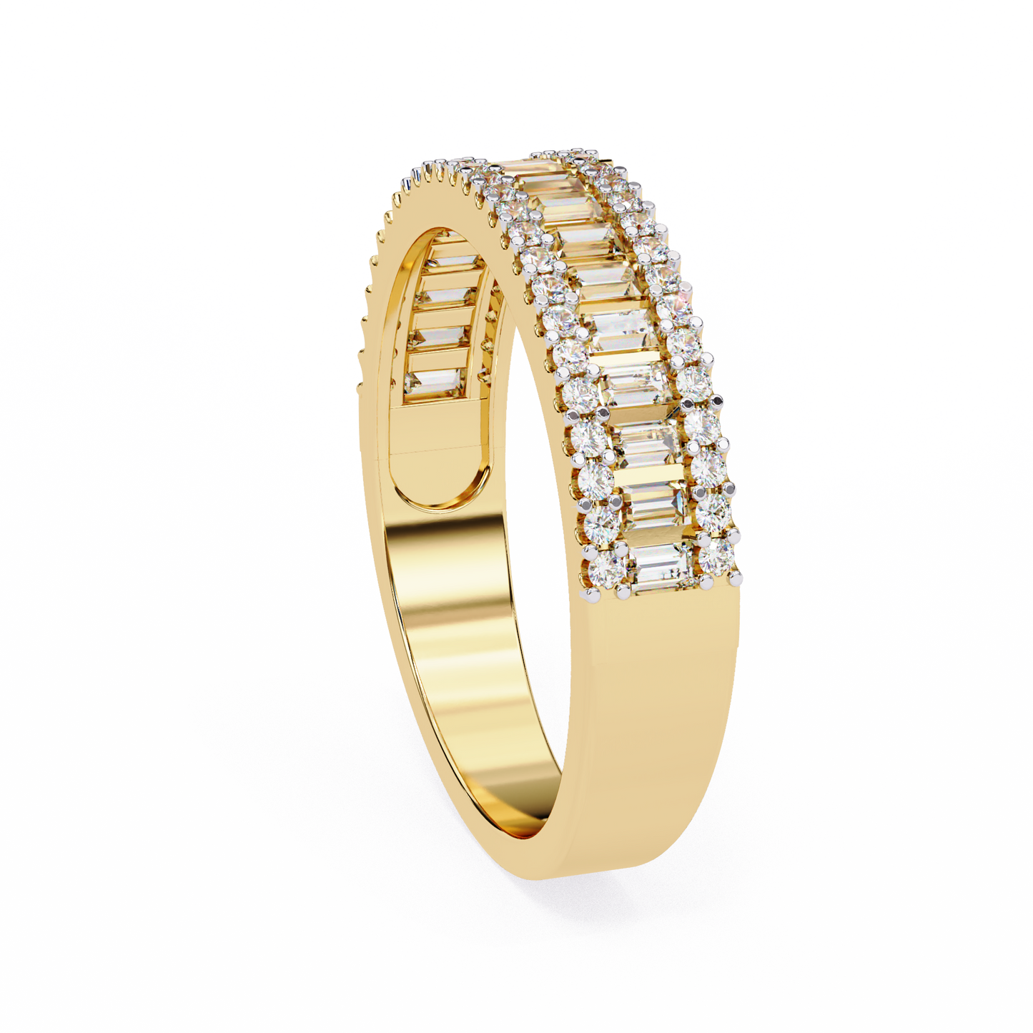 Triple Radiance: Lab-Grown Baguette and Round Diamond Ring in Glowing Rose Gold