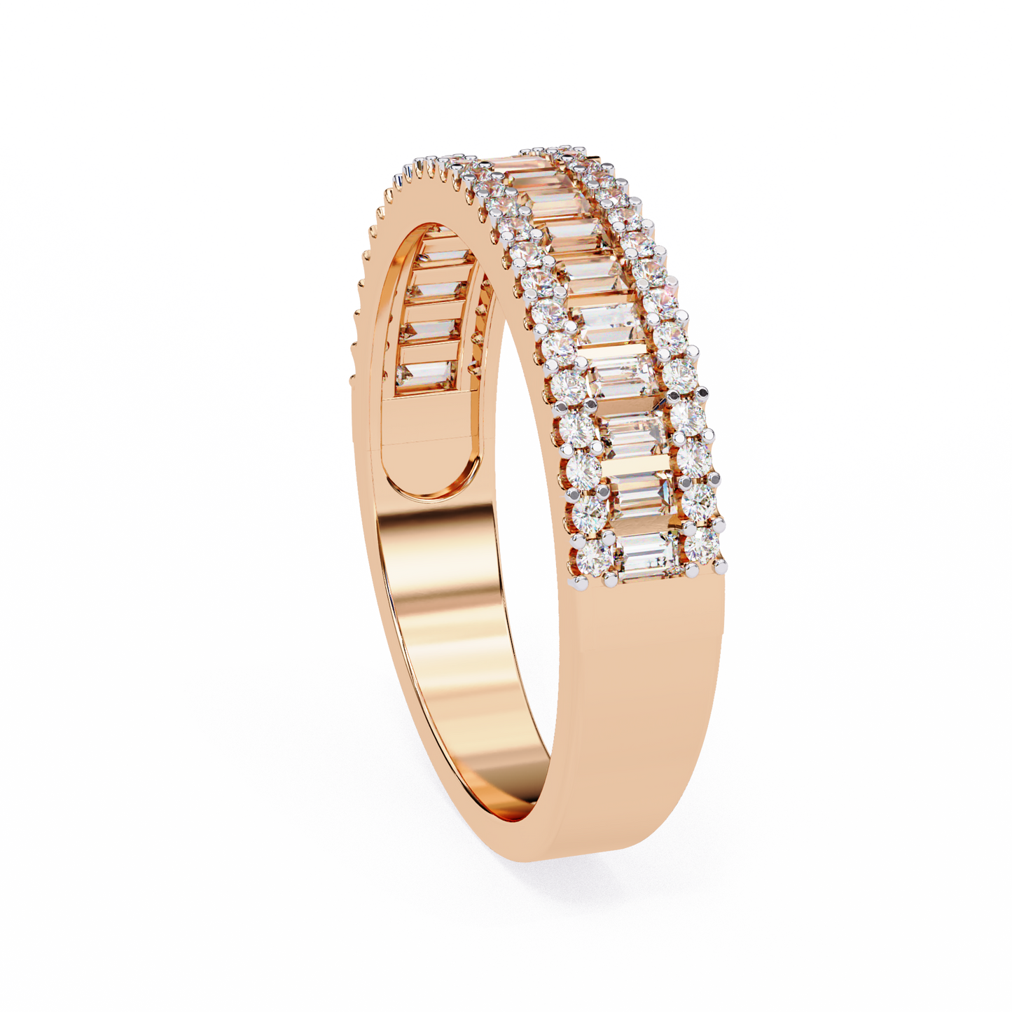 Triple Radiance: Lab-Grown Baguette and Round Diamond Ring in Glowing Rose Gold