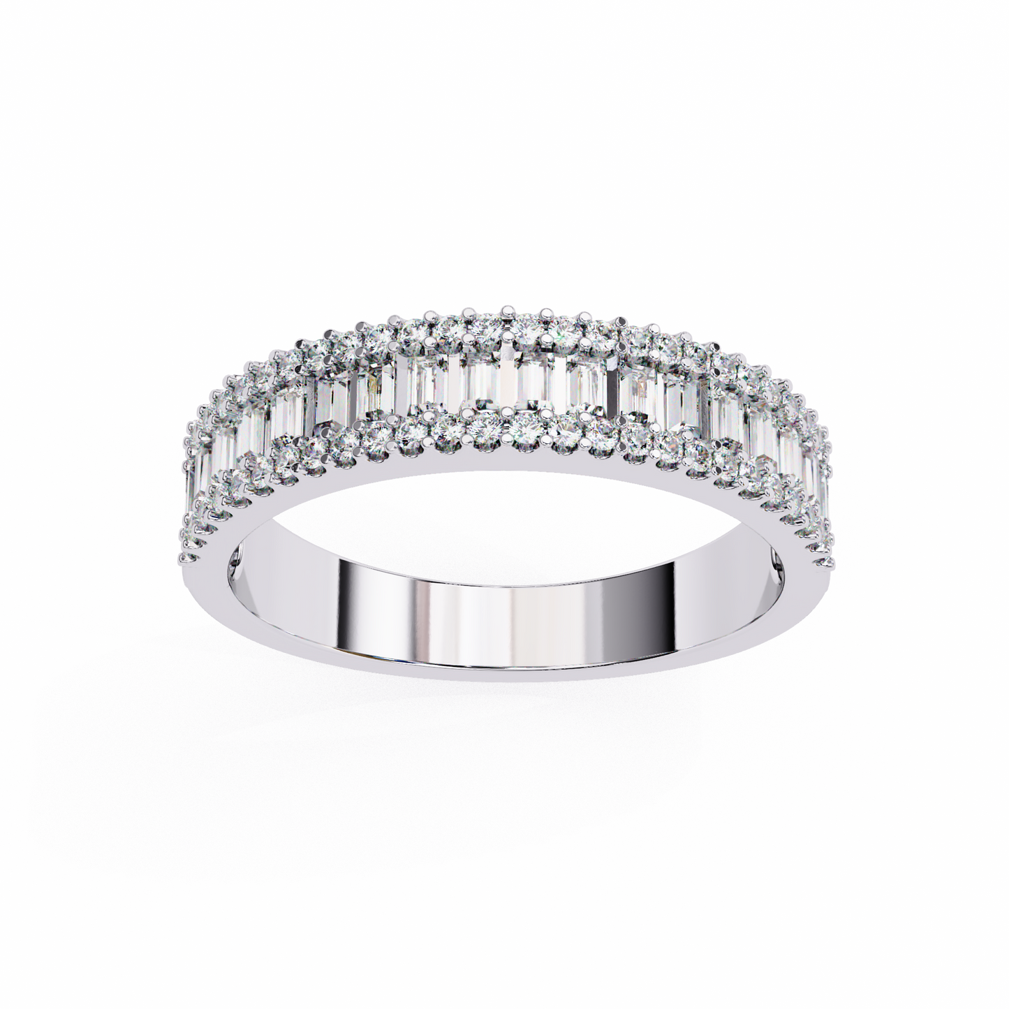 Triple Radiance: Lab-Grown Baguette and Round Diamond Ring in Glowing Rose Gold