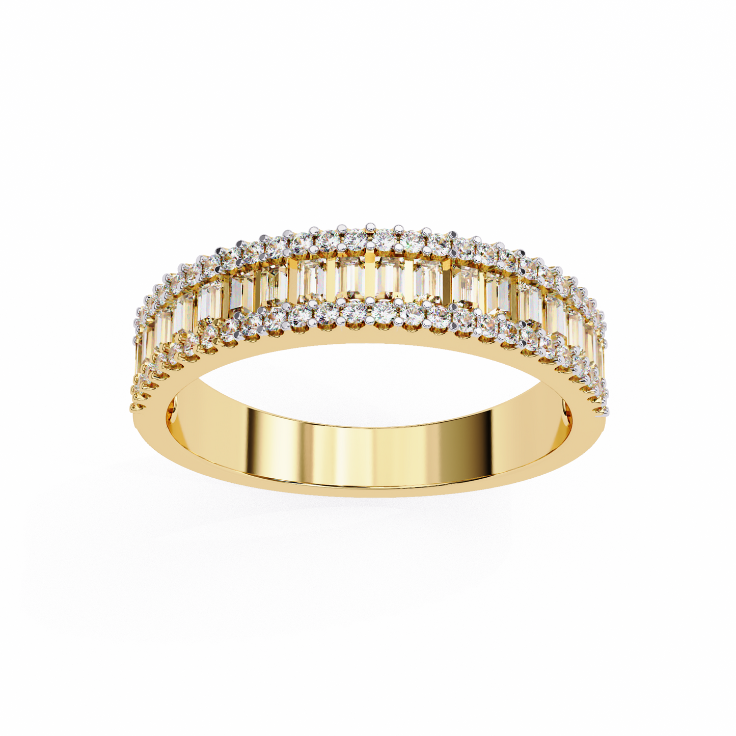 Triple Radiance: Lab-Grown Baguette and Round Diamond Ring in Glowing Rose Gold