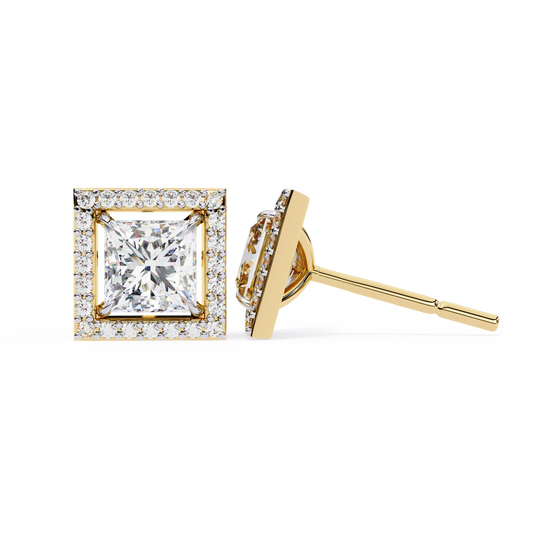 0.84 Ct Halo Style Princess Round Lab Grown Diamond Stud Earrings