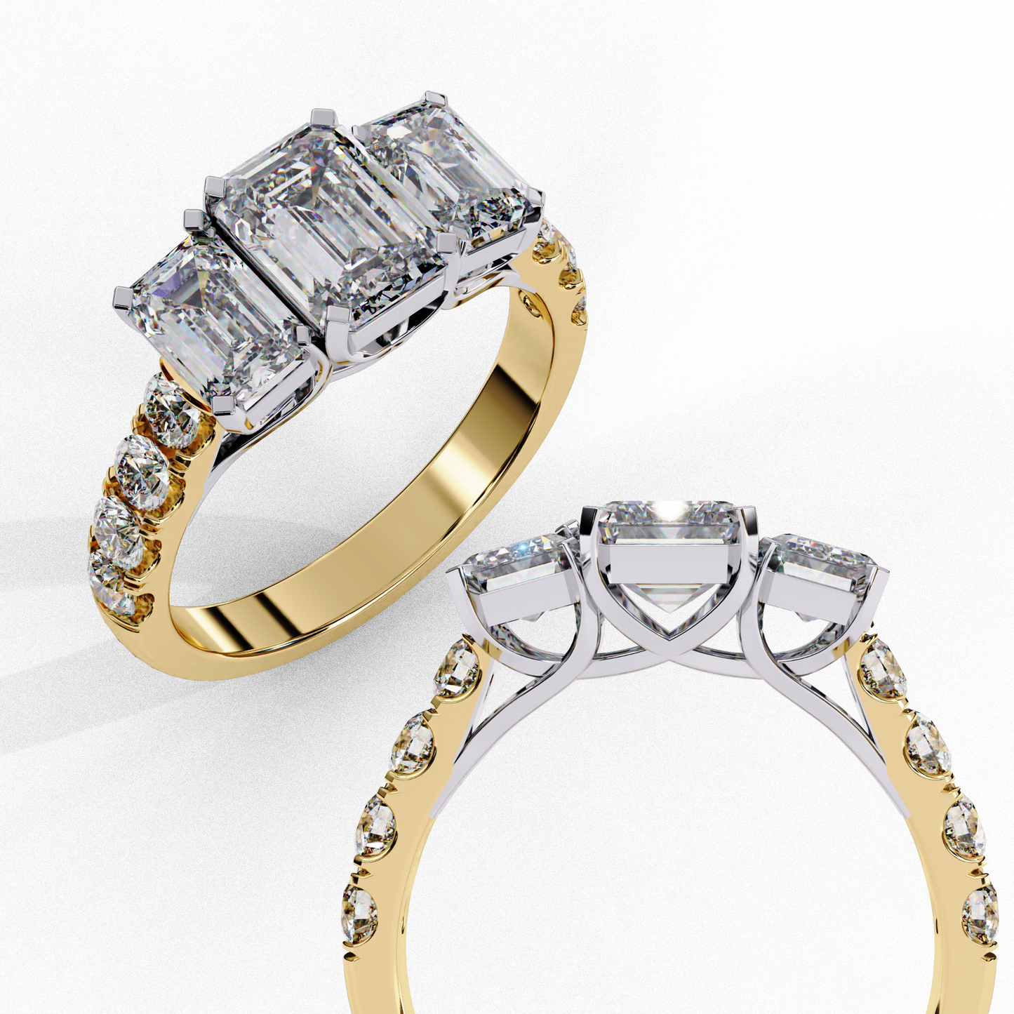 Lab Created Emerald Three-Stone Ring , 1.31 CT Emerald Cut Lab Grown Diamond Ring , 14k Gold Ring