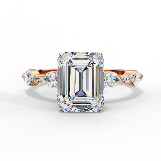 2.08 CT Emerald Cut Solitaire Engagement Ring with a pavé Band, Set in Rose Gold, Elysian Emerald Cut Solitaire Ring