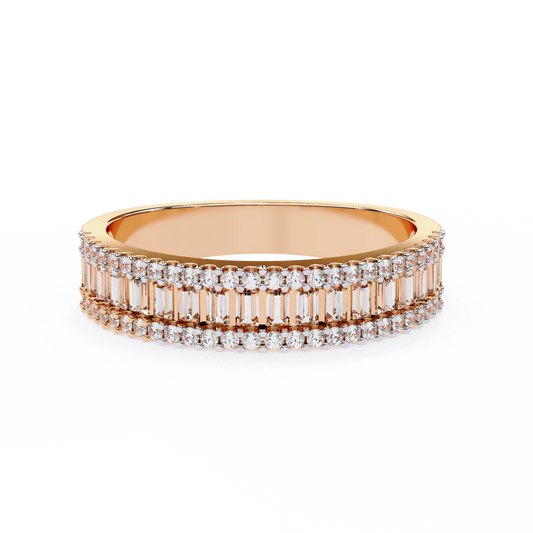 Triple Radiance: Lab-Grown Baguette and Round Diamond Ring in Glowing Rose Gold