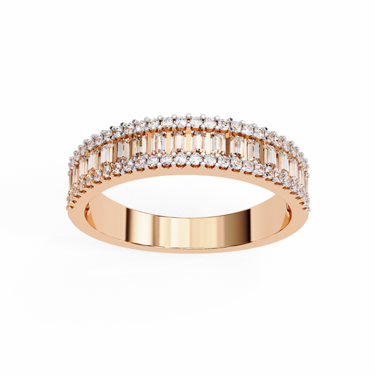 Triple Radiance: Lab-Grown Baguette and Round Diamond Ring in Glowing Rose Gold