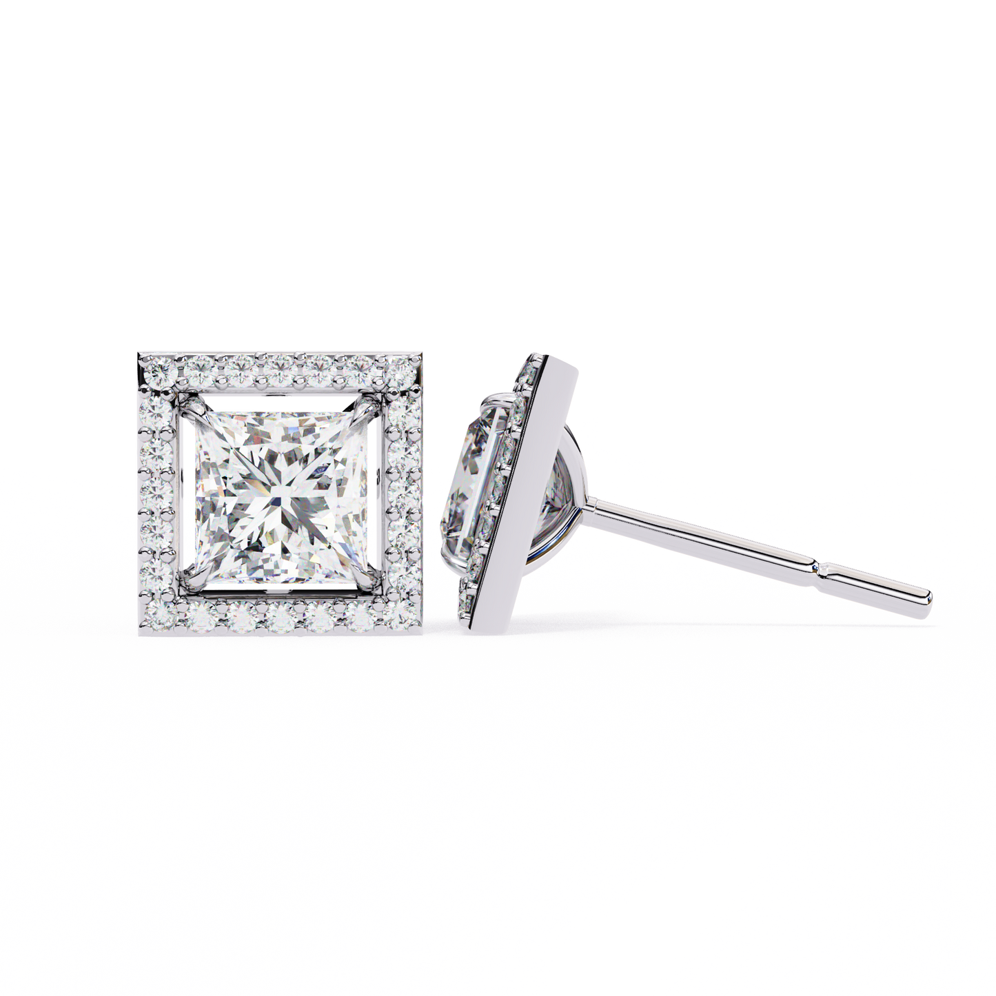0.84 Ct Halo Style Princess Round Lab Grown Diamond Stud Earrings