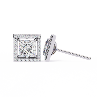 0.84 Ct Halo Style Princess Round Lab Grown Diamond Stud Earrings