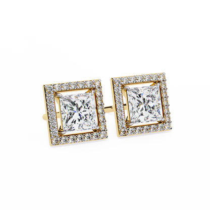 0.84 Ct Halo Style Princess Round Lab Grown Diamond Stud Earrings