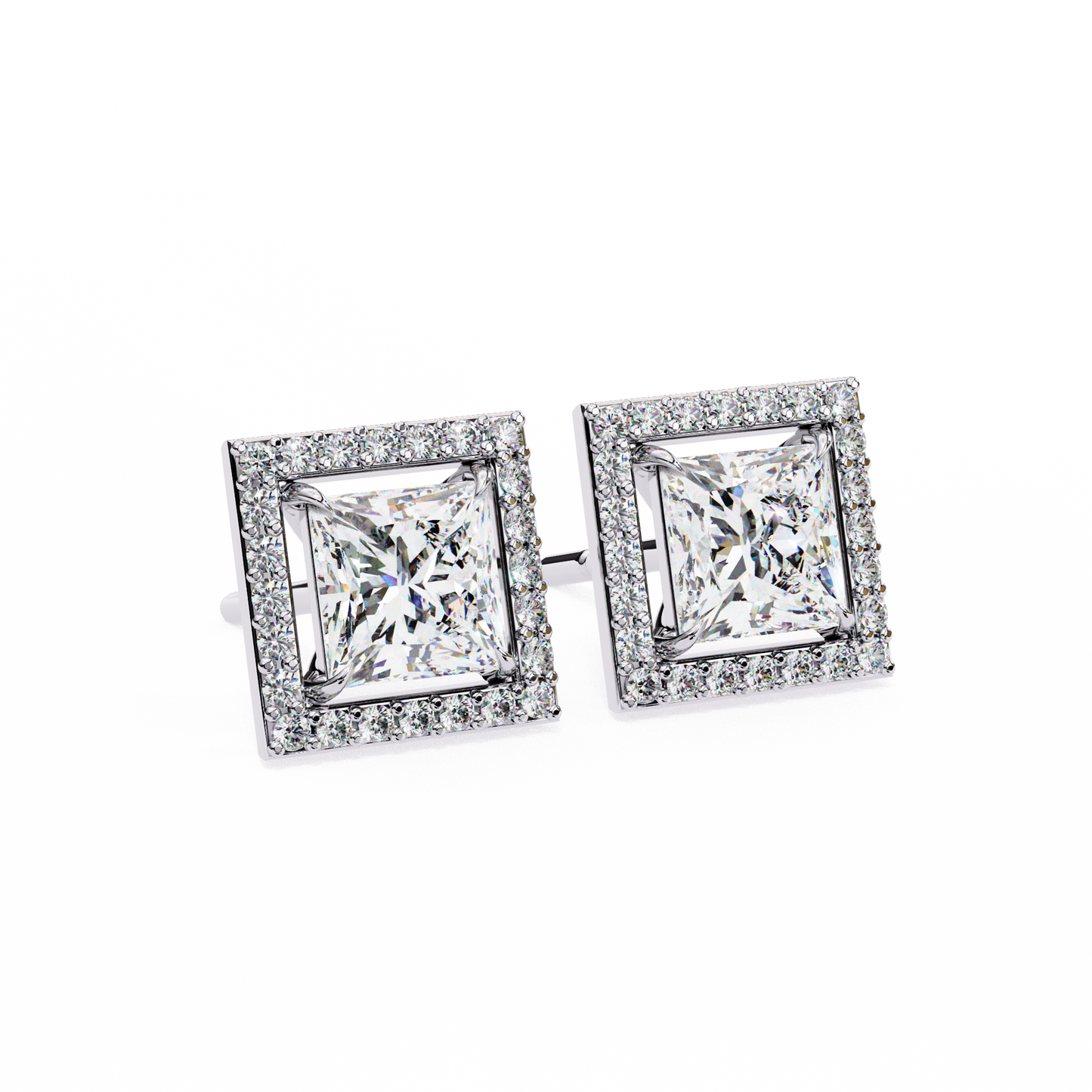 0.84 Ct Halo Style Princess Round Lab Grown Diamond Stud Earrings