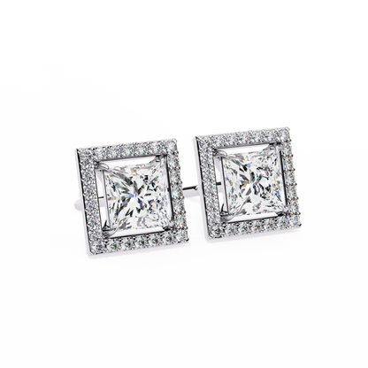 0.84 Ct Halo Style Princess Round Lab Grown Diamond Stud Earrings
