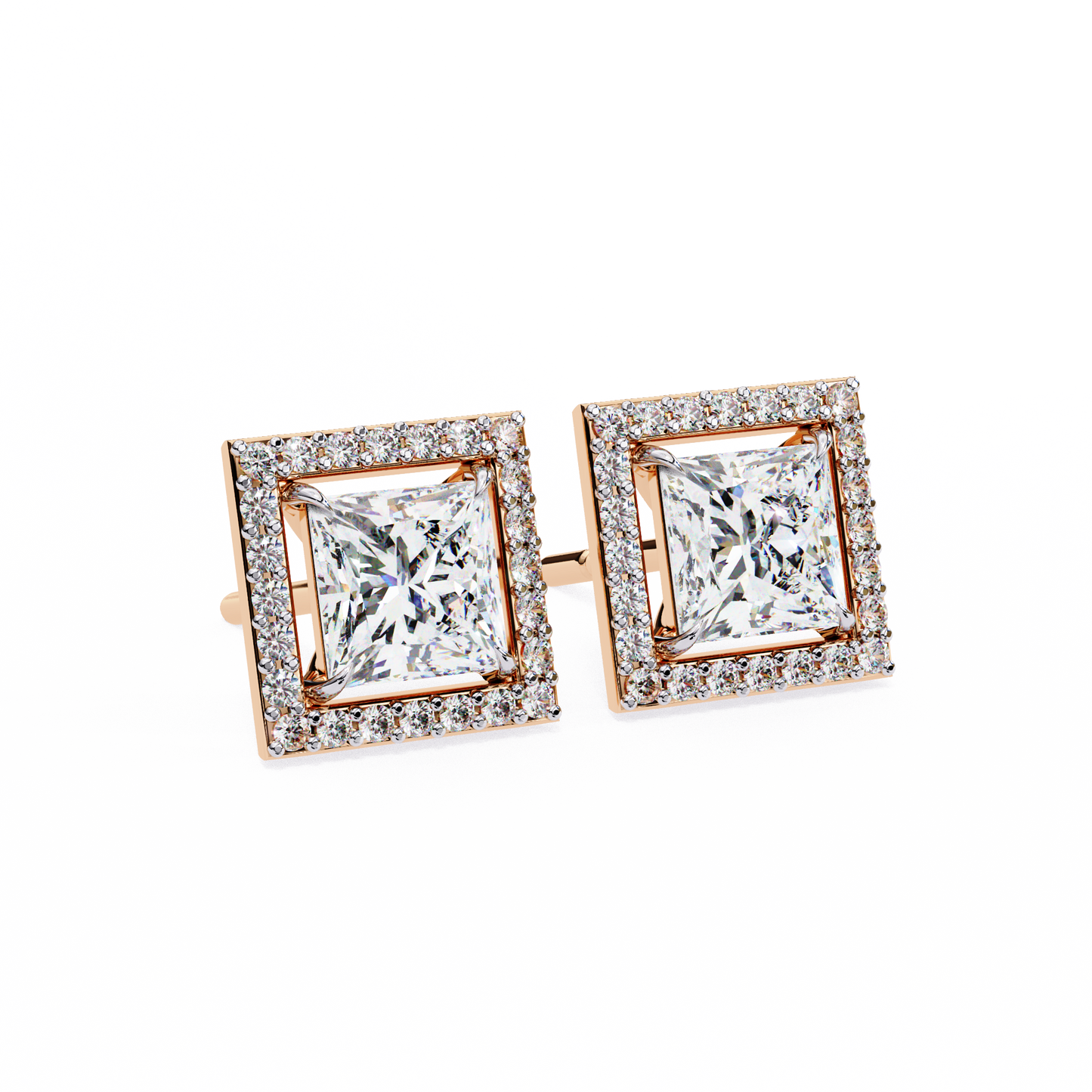 0.84 Ct Halo Style Princess Round Lab Grown Diamond Stud Earrings