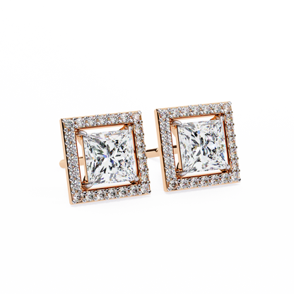 0.84 Ct Halo Style Princess Round Lab Grown Diamond Stud Earrings