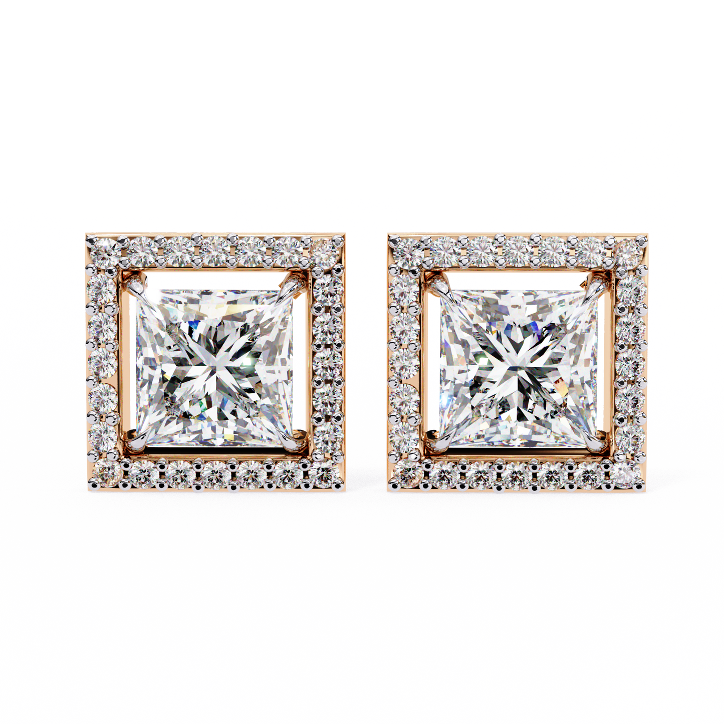 0.84 Ct Halo Style Princess Round Lab Grown Diamond Stud Earrings