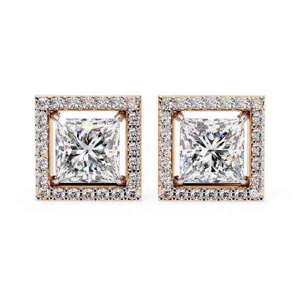 0.84 Ct Halo Style Princess Round Lab Grown Diamond Stud Earrings