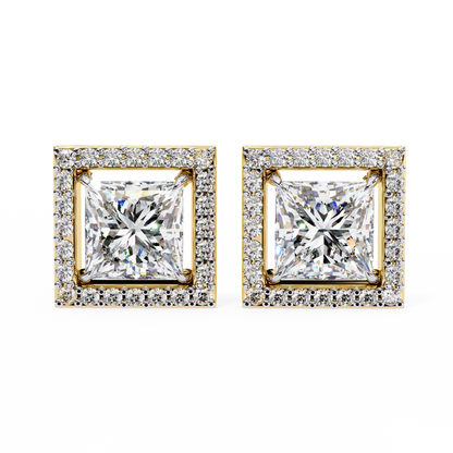 0.84 Ct Halo Style Princess Round Lab Grown Diamond Stud Earrings