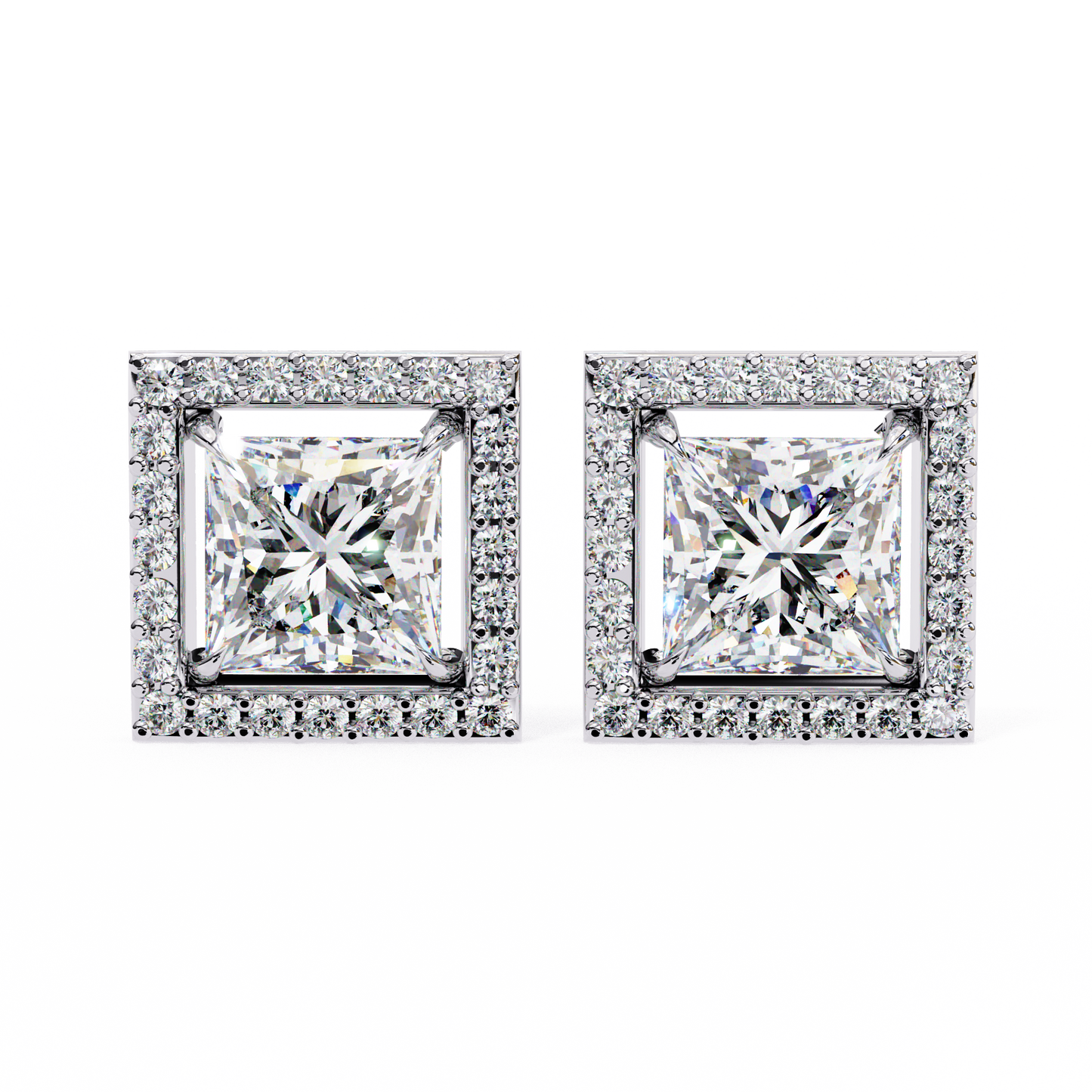 0.84 Ct Halo Style Princess Round Lab Grown Diamond Stud Earrings