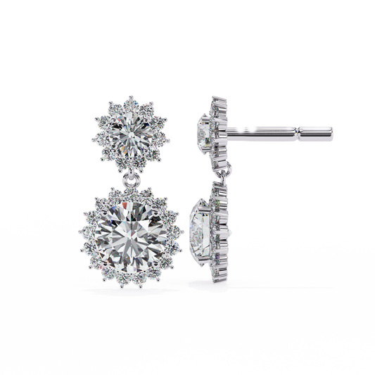 1.37 Ct Lab Grown Diamond Halo Dangle Earrings, Winter Wedding Jewelry