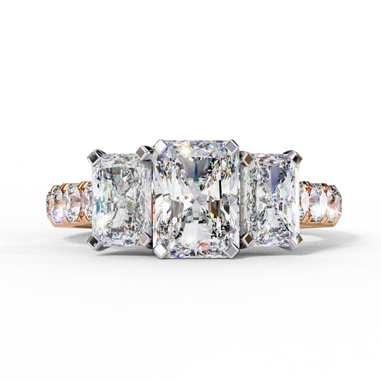 Three-Stone Lab Diamond Ring in Rose Gold , 1.21 CT Radiant Cut Lab Grown Diamond Ring