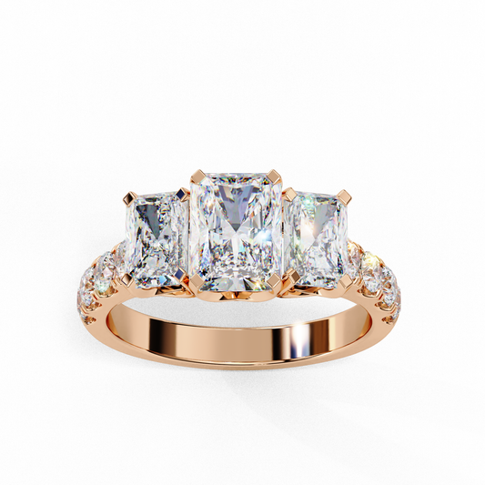 Three-Stone Lab Diamond Ring in Rose Gold , 1.21 CT Radiant Cut Lab Grown Diamond Ring