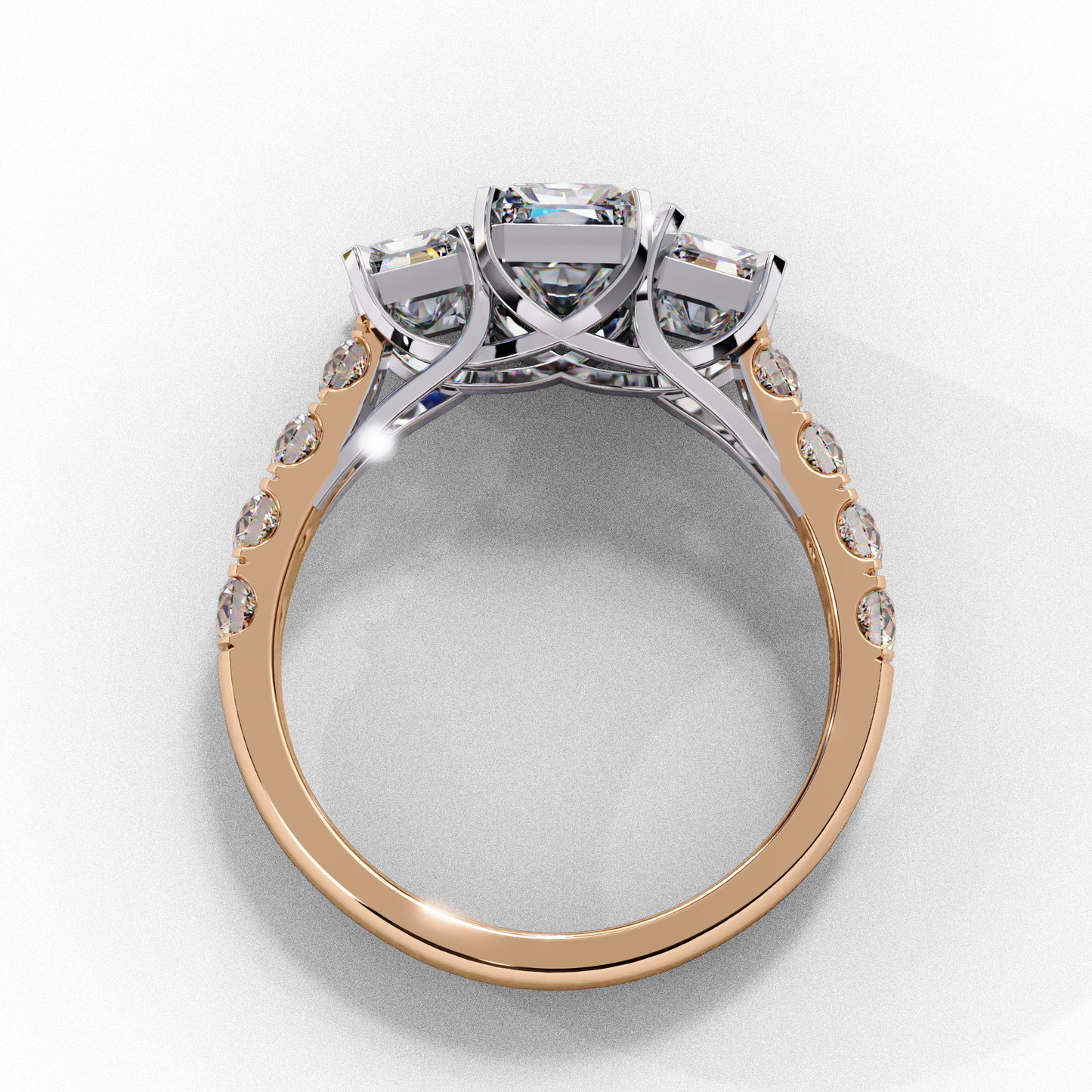Three-Stone Lab Diamond Ring in Rose Gold , 1.21 CT Radiant Cut Lab Grown Diamond Ring
