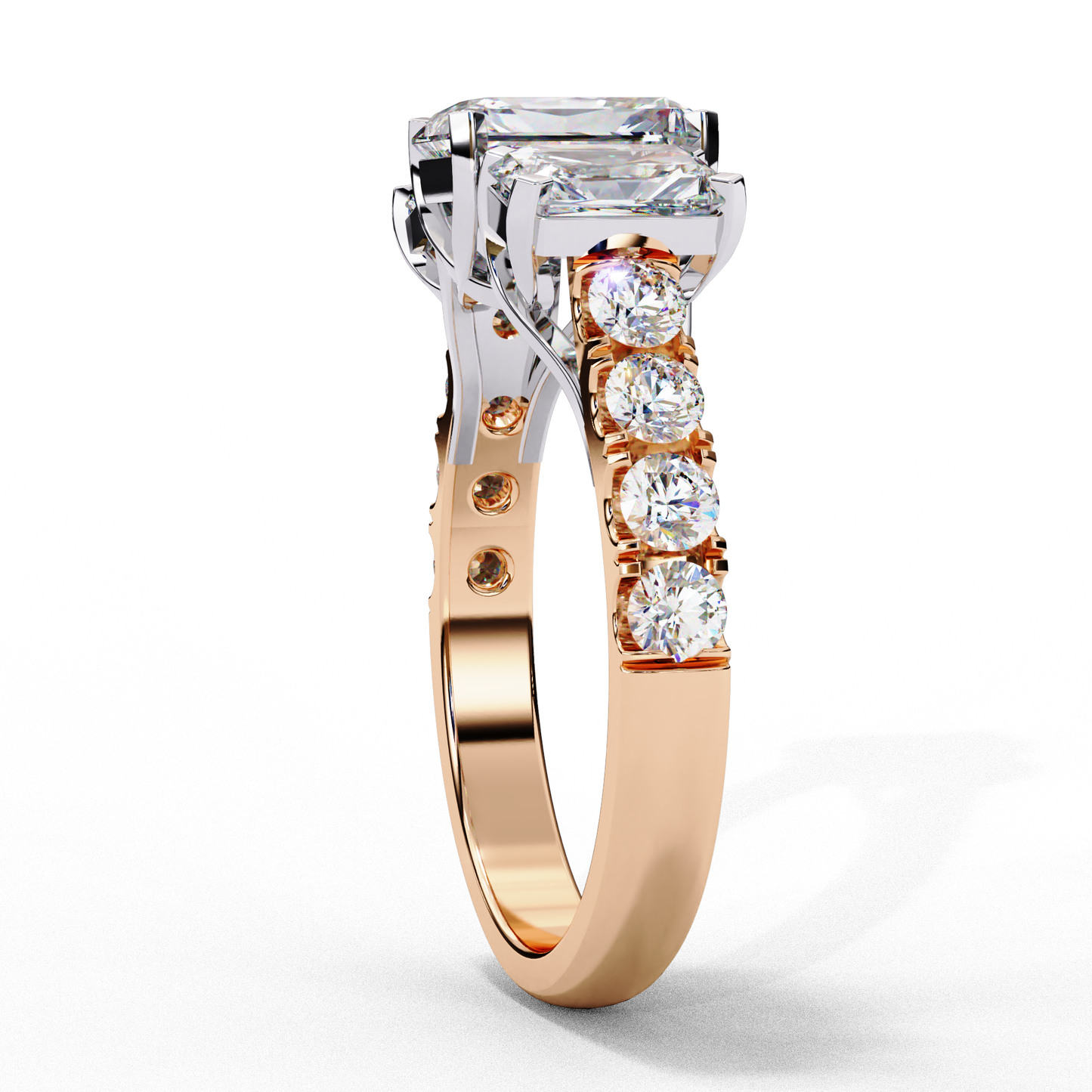 Three-Stone Lab Diamond Ring in Rose Gold , 1.21 CT Radiant Cut Lab Grown Diamond Ring
