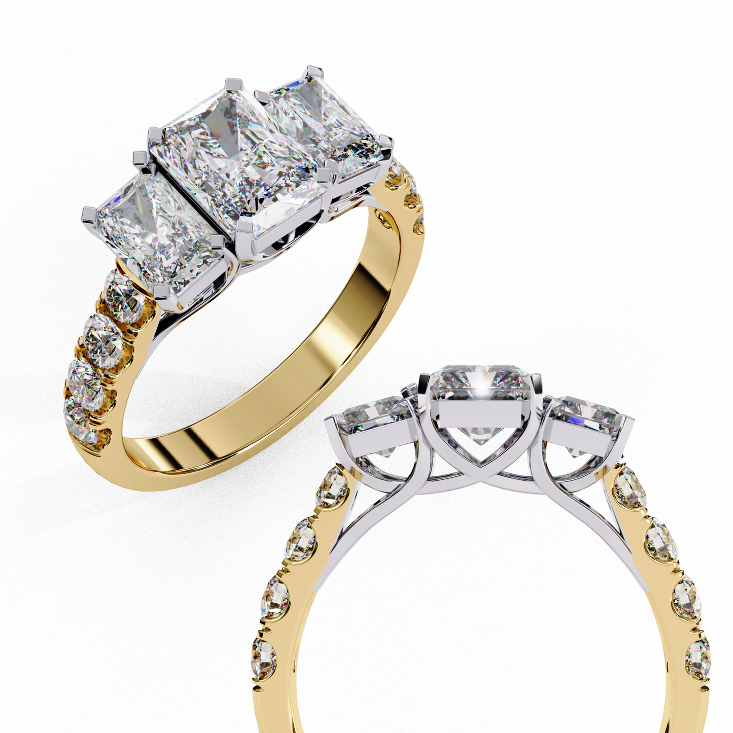Three-Stone Lab Diamond Ring in Rose Gold , 1.21 CT Radiant Cut Lab Grown Diamond Ring