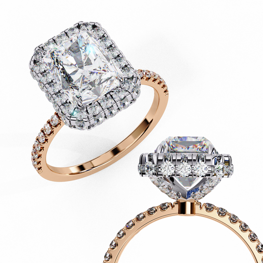 2.20 Carat Halo Engagement Ring, Radiant Cut Simulated Diamond, Lab Created Radiant Cut Diamond