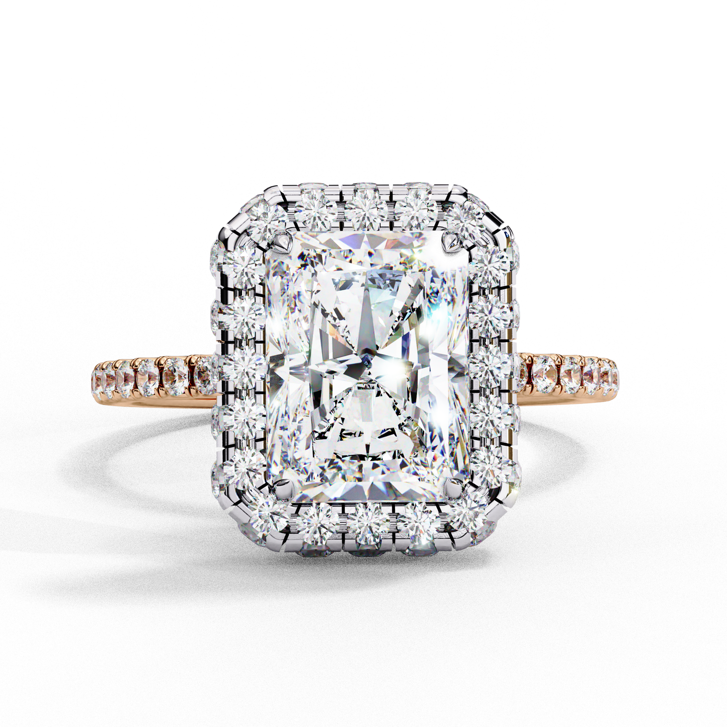 2.20 Carat Halo Engagement Ring, Radiant Cut Simulated Diamond, Lab Created Radiant Cut Diamond