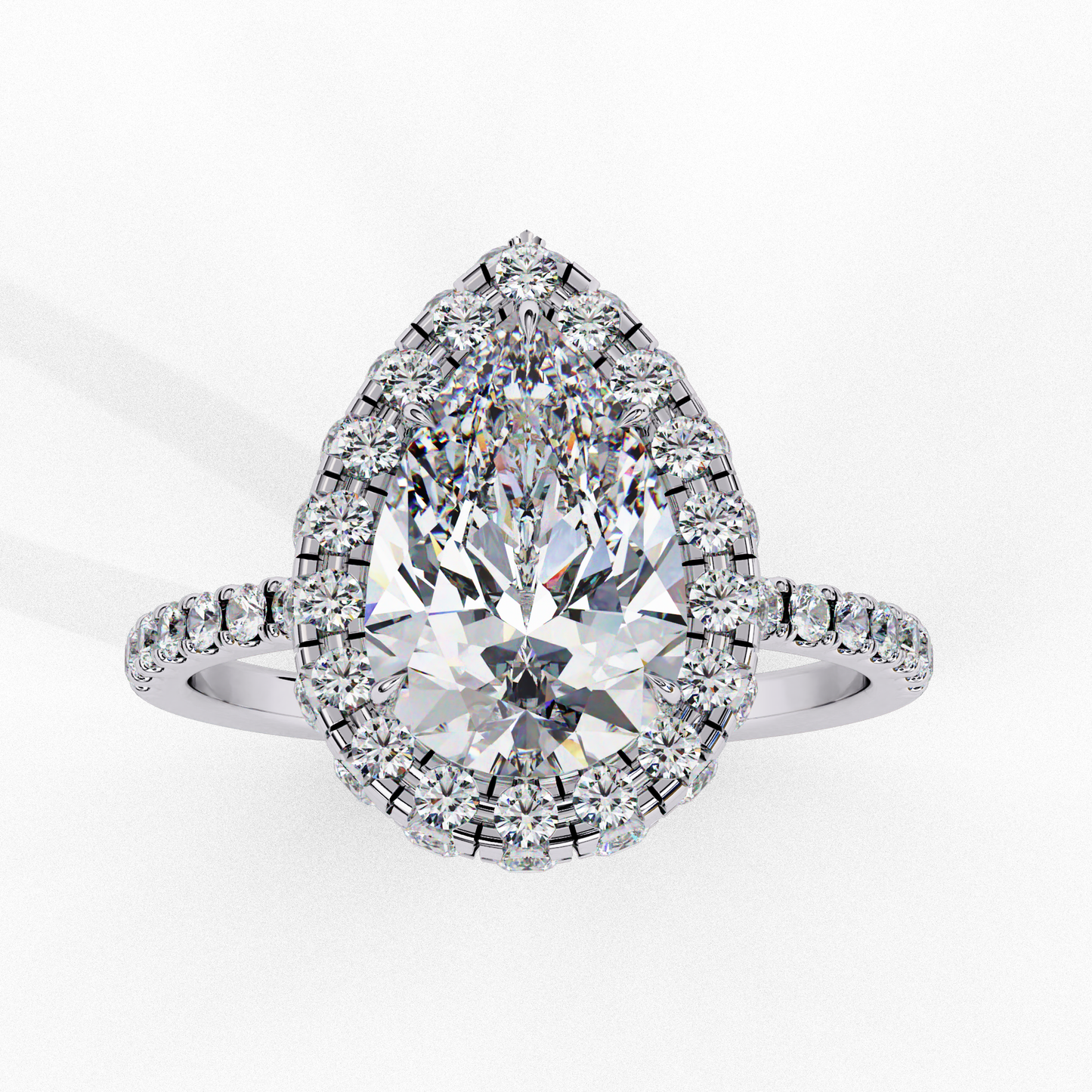 1.81 CT Pear Cut Lab Grown Diamond Ring, Pear Cut Halo Engagement Ring, Bridal Lab Grown Ring with Small Round Diamond on Shank