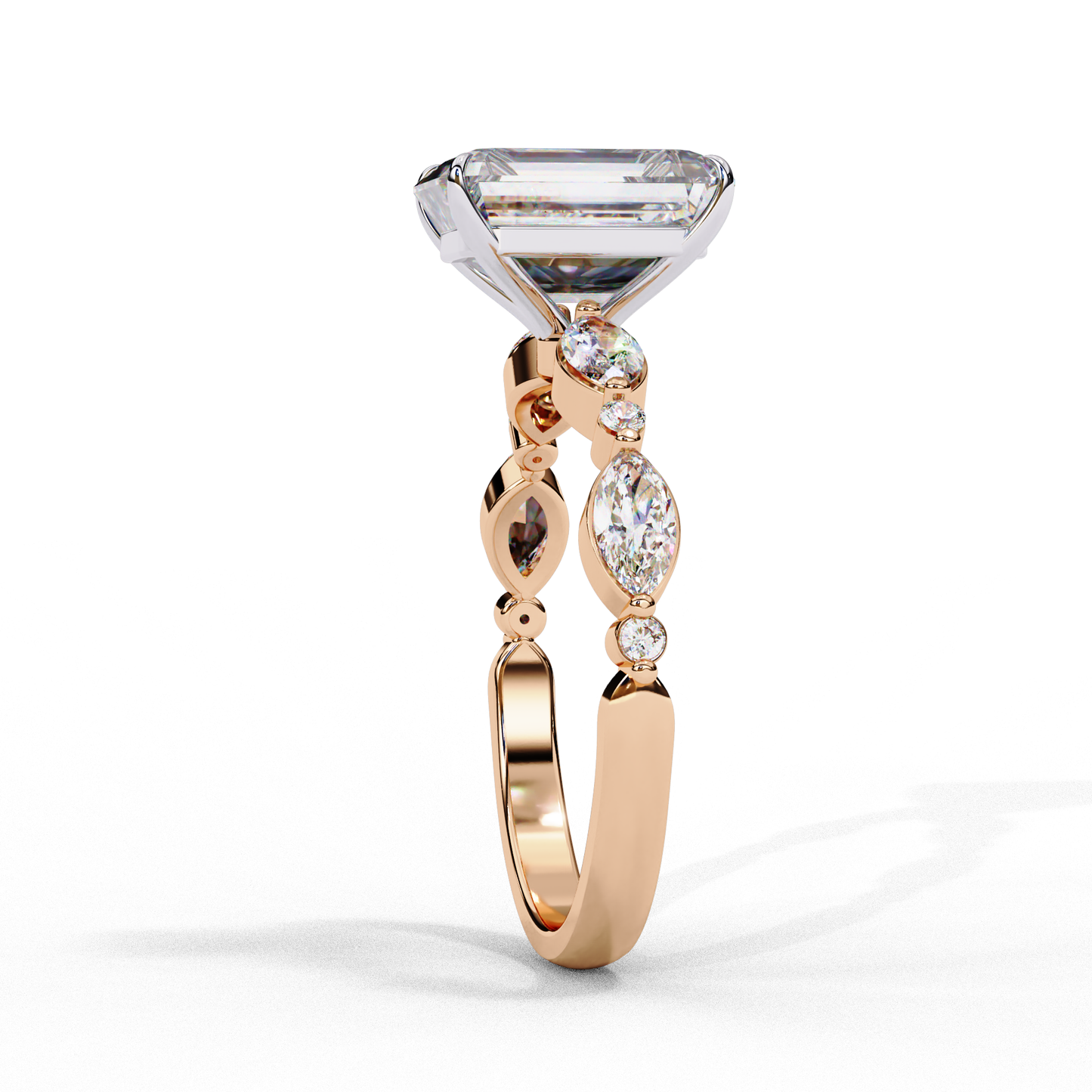 2.08 CT Emerald Cut Solitaire Engagement Ring with a pavé Band, Set in Rose Gold,  Elysian Emerald Cut Solitaire Ring