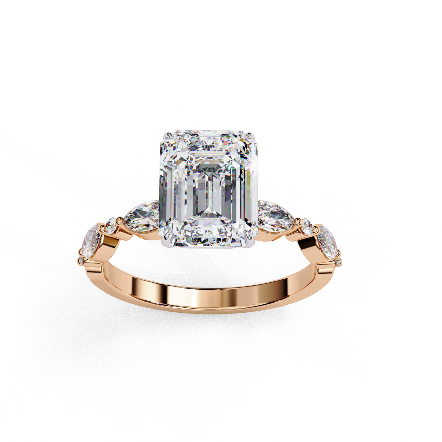 2.08 CT Emerald Cut Solitaire Engagement Ring with a pavé Band, Set in Rose Gold,  Elysian Emerald Cut Solitaire Ring