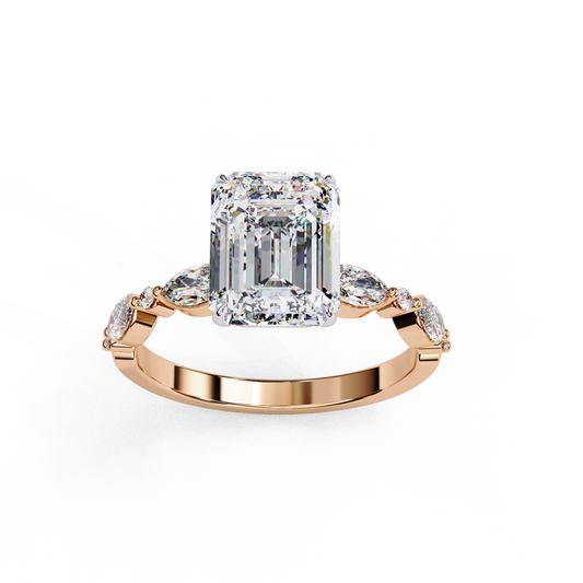 2.08 CT Emerald Cut Solitaire Engagement Ring with a pavé Band, Set in Rose Gold,  Elysian Emerald Cut Solitaire Ring
