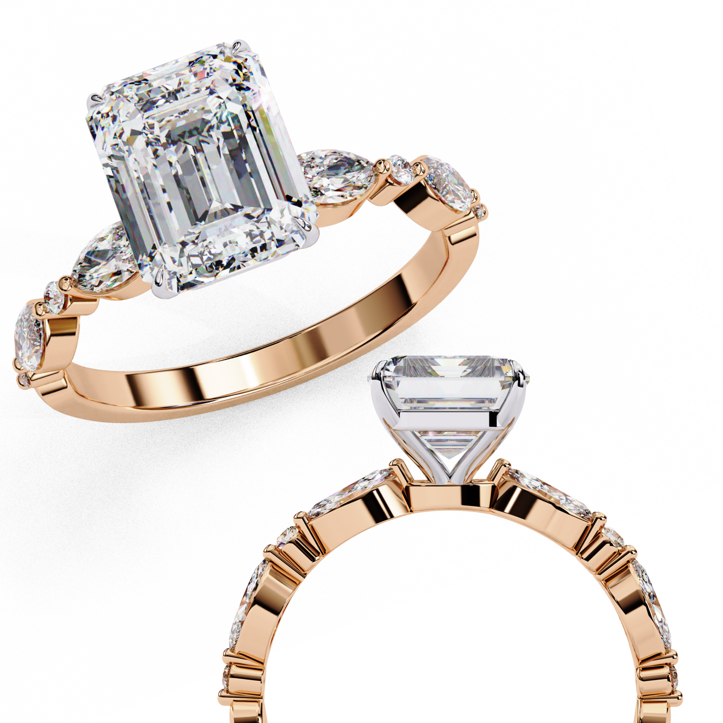2.08 CT Emerald Cut Solitaire Engagement Ring with a pavé Band, Set in Rose Gold,  Elysian Emerald Cut Solitaire Ring