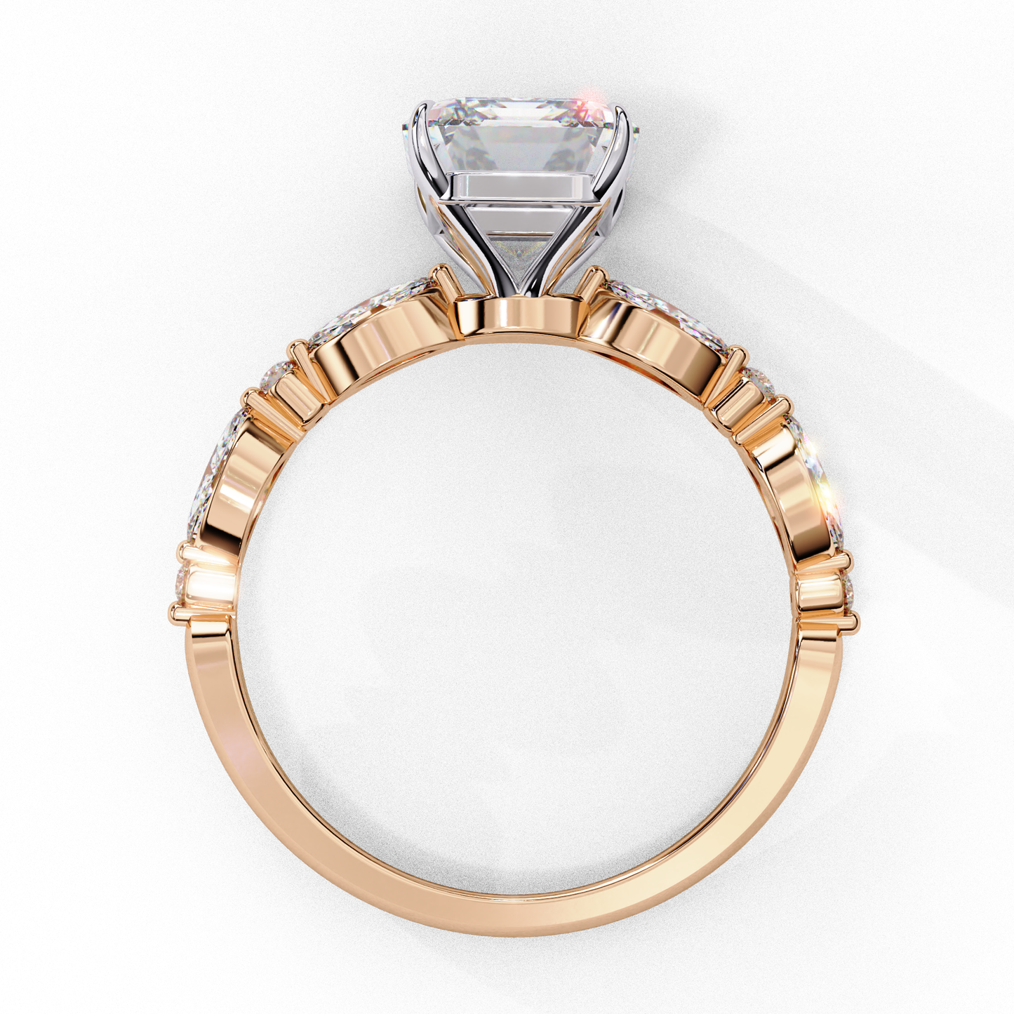2.08 CT Emerald Cut Solitaire Engagement Ring with a pavé Band, Set in Rose Gold,  Elysian Emerald Cut Solitaire Ring