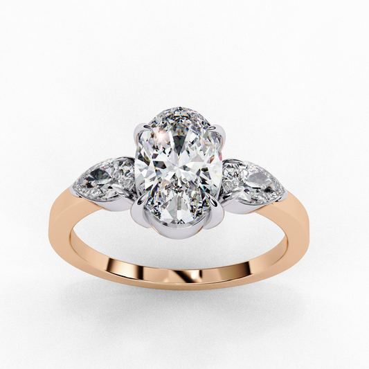 1.20 CT Oval Cut Lab-Grown Diamond Trilogy Ring, Two pear-shaped diamonds on either side of the center stone