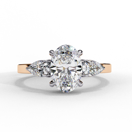 1.20 CT Oval Cut Lab-Grown Diamond Trilogy Ring, Two pear-shaped diamonds on either side of the center stone