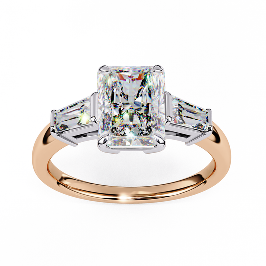 2.47 CT Radiant Cut Three Stone Lab Grown Diamond Ring, Tapered Baguette Side Stone wedding Bridal Ring