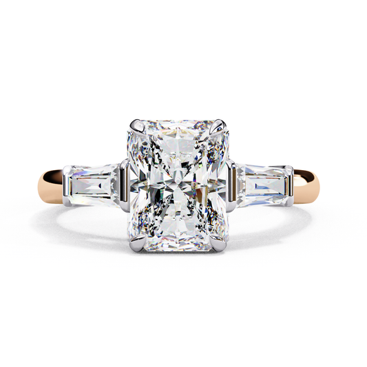 2.47 CT Radiant Cut Three Stone Lab Grown Diamond Ring, Tapered Baguette Side Stone wedding Bridal Ring