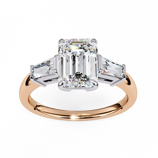 2.27 CT Emerald Cut Lab-Grown Diamond Ring with Trapezoid Side Stones in Yellow Gold, Tapered Baguette Side Stone Diamond Ring