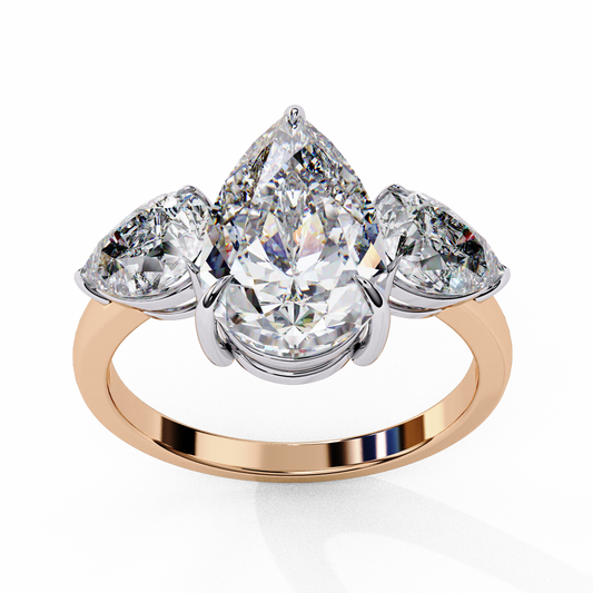 Three Stone Diamond Ring, 2.07 CT Pear Cut Lab Grown Diamond Engagement Ring, Pear Side Stone Bridal Ring