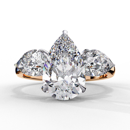Three Stone Diamond Ring, 2.07 CT Pear Cut Lab Grown Diamond Engagement Ring, Pear Side Stone Bridal Ring