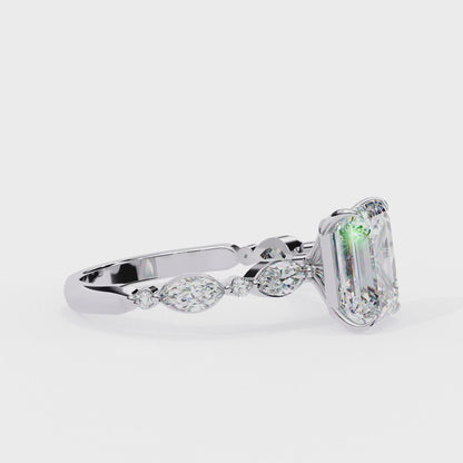 2.08 CT Emerald Cut Solitaire Engagement Ring with a pavé Band, Set in Rose Gold,  Elysian Emerald Cut Solitaire Ring