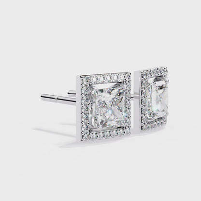 0.84 Ct Halo Style Princess Round Lab Grown Diamond Stud Earrings